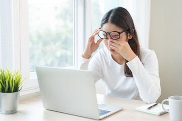 Eye problem concept, fatigue asian young woman tired eyes, irritated rubbing eye dry relief vision...
