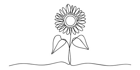 Sunflower continuous one line drawing in minimalist outline style, Minimalist sunflower design using a continuous single line drawing, Continuous line drawing of two sunflowers one standing upright © line pro