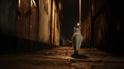 Lonely white cat walking through dark urban alley at night with dramatic cinematic lighting