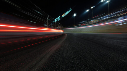 Night illuminated racing track asphalt surface turn on motion blur