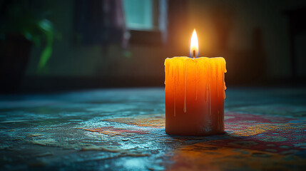 Glowing wax candles with burning flames create a romantic holiday decoration of warm candlelight and heat against a dark black night celebration