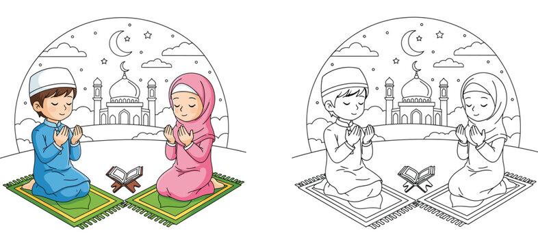 Muslim kids praying on rug with mosque background, colorful and outline for coloring book, Islamic Ramadan vector illustration