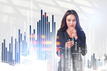Businesswoman using smartphone with abstract financial chart overlay, modern graphic style, bright office background, concept of business innovation