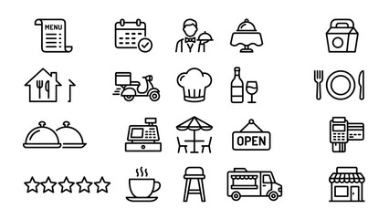 Restaurant and dining line icons set. Vector food service symbols. Menu reservation waiter table takeout dine-in. Cafe bistro meal eating delivery signs. Outline interface element.