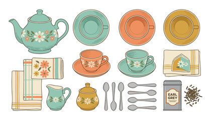 Vintage tea set vector. Retro decorative porcelain teapot cups saucers spoons isolated on white. Knolling flat lay top view. Tea party kitchenware. Old fashioned ceramic tableware.