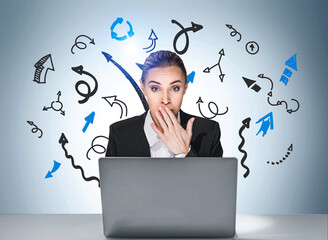 Businesswoman in suit using laptop, surrounded by creative arrows and symbols, on a blue gradient background. Concept of confusion and decision-making