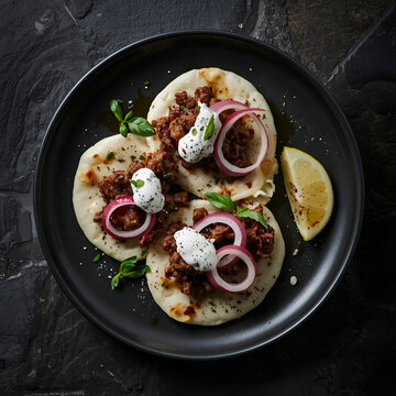 Top-Down Food Photography of Savory Flatbread with Spiced Minced Meat, Sour Cream, Red Onion Rings, Fresh Basil and Lemon Wedge on Black Ceramic Plate