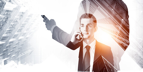 Businessman on phone with city buildings overlay, creative double exposure style, on a white background. Concept of communication and success