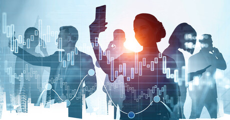 Group of business people with mobile devices and financial graphs overlay, modern creative style on urban background, concept of digital economy and analytics
