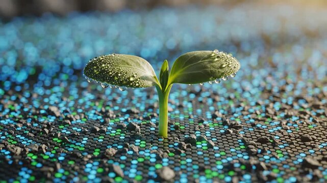 A young green plant seedling with water droplets emerges from digital soil, symbolizing the fusion of nature and technology.