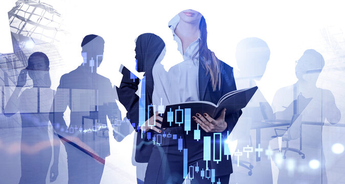 Group of business people overlaid with candlestick charts, abstract office background, creative and modern business strategy and teamwork concept - Powered by Adobe