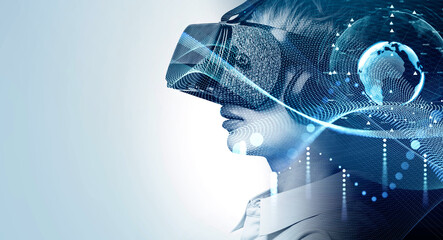 Person wearing VR headset with digital globe, data flow and abstract tech patterns in creative style on light blue background, concept of global business