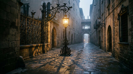 Ornate wrought iron lamppost casting intricate shadows on a historic cobblestone street