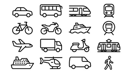 Transportation line icons set. Vector vehicle symbols. Car, bus, train, bicycle, motorcycle, boat, airplane, truck, scooter outlines. Public transport, travel, logistics concept.