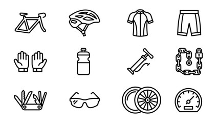 Obraz premium Cycling equipment and bicycle gear line icon set. Minimalist black outline style for sports, fitness, and outdoor activity. Riding accessories and tools collection on white background.