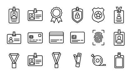 Minimalistic identity card and badge line icons set. Employee ID, business card, security pass, fingerprint access, and official medal symbols collection on white background.