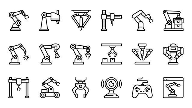 Industrial robotics and automation arm line icons set. Vector collection of robot arms, factory automation, robotic manipulators, controller, mechanical equipment, drone, production technology concept