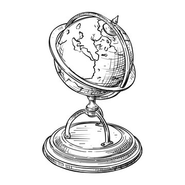 vintage globe vector line art hand drawn illustration