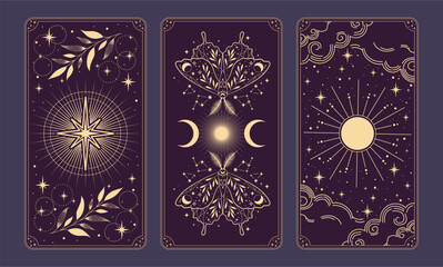 Magic cards. Vintage hand drawn mystic tarot cards, stars, clouds and crescents magical symbols, magic occult cards illustration set.	
