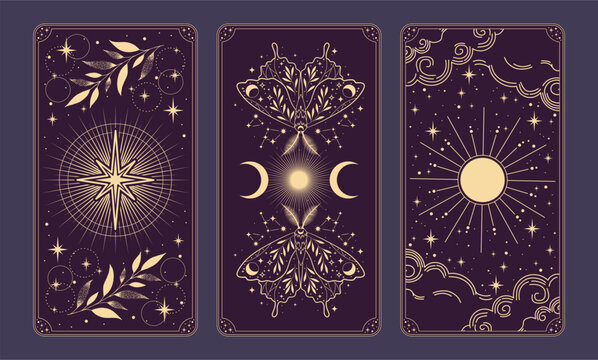 Magic cards. Vintage hand drawn mystic tarot cards, stars, clouds and crescents magical symbols, magic occult cards illustration set.	