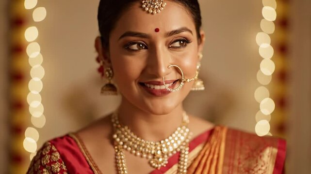 very beautiful Indian woman smiling softly wearing elegant traditional Indian attire rich fabric intricate embroidery graceful posture expressive eyes natural makeup traditional jewelry nose piercing 