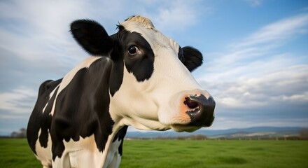 Low angle portrait of a black and white cow in a green pasture