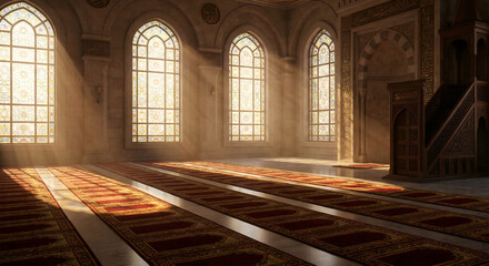 Fototapeta premium Golden Rays of Sun Stream Through Arched Windows into a Grand Mosque Interior, Illuminating Ornate Prayer Rugs, Creating a Sacred and Tranquil Atmosphere