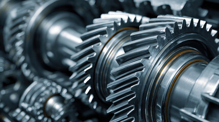 Fototapeta premium Close-up view of interlocking metal gears in a complex mechanical system. Detailed shot of shiny metallic gears meshing together, showcasing intricate engineering and industrial machinery.