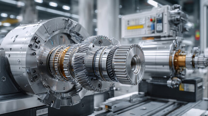 Obraz premium Precision metal gears and complex machinery in a modern industrial manufacturing facility. Close-up view of intricate metal gears and mechanical components within an advanced automated production line