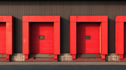 Obraz premium Modern red loading dock doors with industrial corrugated metal siding and pavement. Exterior view of a row of identical red industrial loading bay doors with corrugated metal siding and paved ground