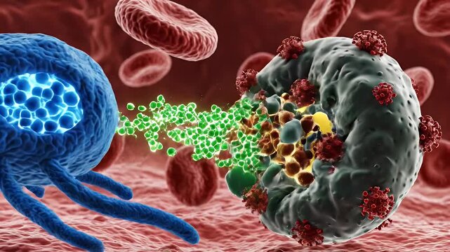 3D Visualization of Parasitic Worm Penetrating Intestinal Tissue with Blood Cells and Microscopic Details Medical