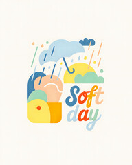 Naklejka premium Soft Pastel Cute Soft Day Illustration With Smiling Characters Umbrella Rain Clouds And Gentle Weather Mood Design