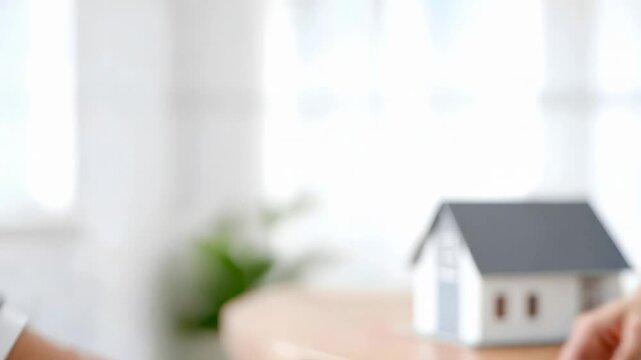 Two people shake hands to finalize a deal in a bright office with a model house in the background