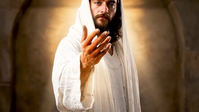  Jesus Christ extending His hand toward the viewer, surrounded by warm golden light. The image conveys compassion, invitation, forgiveness, and divine love.