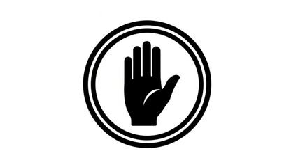 Obraz premium Stop hand gesture icon in circle, palm signal for prohibition or waiting, black minimalist vector symbol.