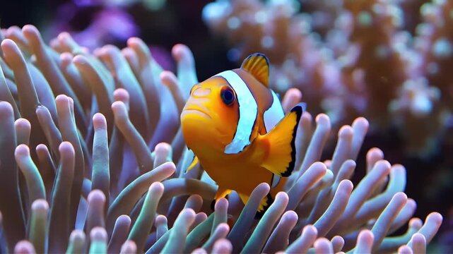 Vibrant clownfish finds shelter within a swaying anemone in a colorful coral reef scene showcasing the beauty and biodiversity of marine life underwater