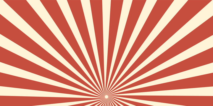 Circus vintage tent background. Retro sun rays pattern. Vintage starburst poster. Star burst radial lines texture. Red stripes. Circus, carnival, summer fair backdrop. Vector illustration.