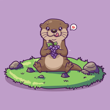 Cute Cartoon Otter Sitting on Grass Holding Purple Grapes with Heart Symbol Vector Illustration