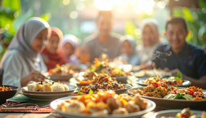 Family Gathering Around Table with Food.