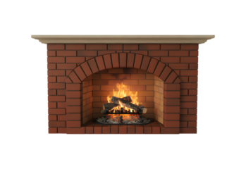 Brick fireplace with burning firewood isolated on transparent background