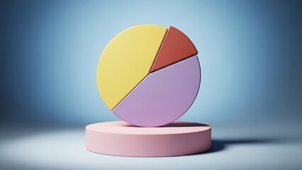 Abstract three dimensional visualization of a colorful pie chart graphic representing data segmentation or business market share standing on a pedestal.