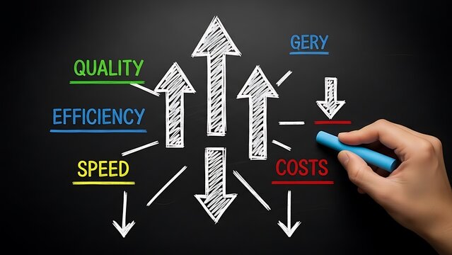 Hand drawing business strategy diagram showing improvement goals for quality efficiency and speed while simultaneously decreasing operational costs on chalkboard