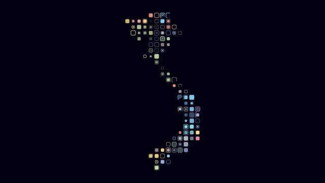 Vietnam animated country shape. Pulsating colored dots on the map of the country. Large size rounded square blocks. Digital style Vietnam map on dark background. Trending animation video.