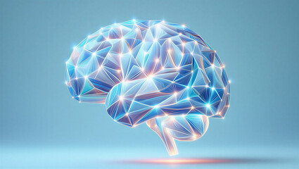 Low poly brain with glowing blue lines and points on light blue gradient background representing technology and innovation concepts  futuristic neuroscience