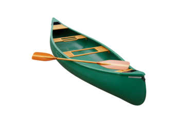 Green canoe with wooden paddles isolated on transparent background