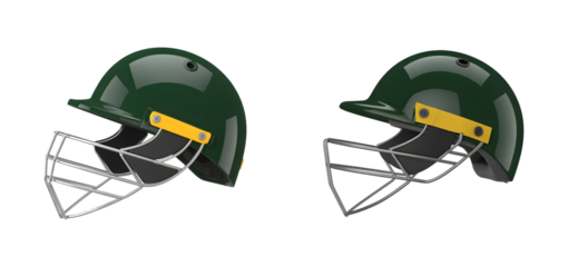 Green cricket helmet with face guard isolated on transparent background