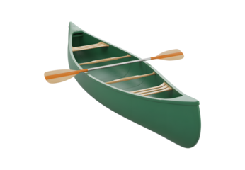 Green canoe with wooden paddles isolated on transparent background