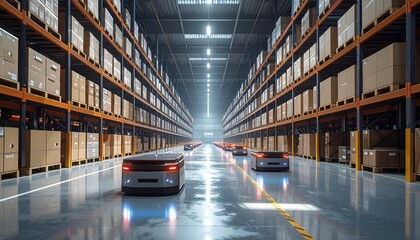 Automated Warehouse Interior with Rows of Shelves and Autonomous Robots Transportation