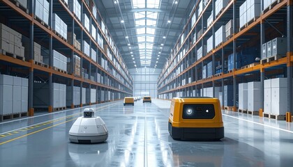 Automated Warehouse with Robotic Vehicles Navigating Between Racks of Goods in a Modern Distribution Center