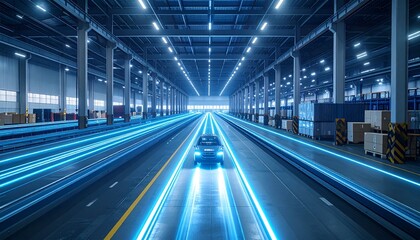 Autonomous Vehicle Driving Through Warehouse with Bright Blue Light Trails and Boxes